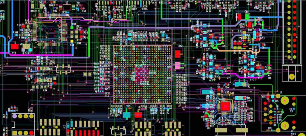 Close-up of a printed circuit board layout with components.